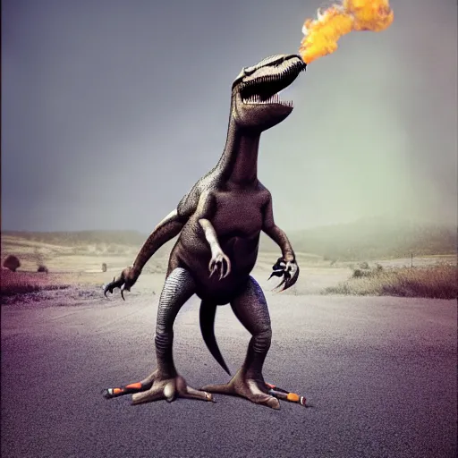 Image similar to a realistic photo of a dinosaur standing on two legs smoking a cigarette in their mouth hdr professional shot, full body