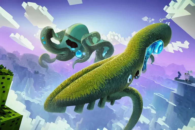 Image similar to giant squids battling in the sky, minecraft, artstation, highly detailed