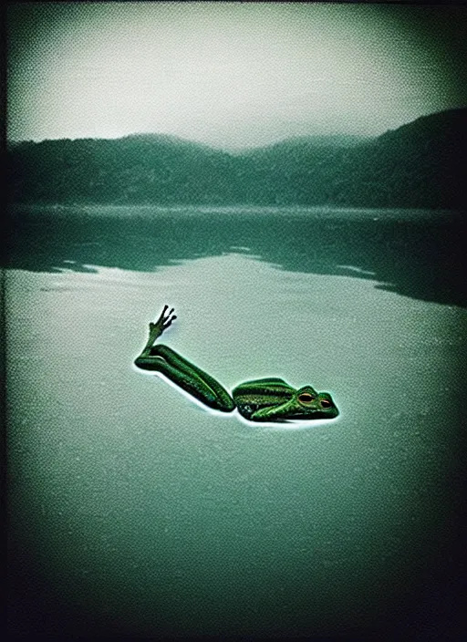 Prompt: “semitransparent frog vertically hovering over misty lake waters in jesus christ pose, semi translucent body, low angle, long cinematic shot by Andrei Tarkovsky, paranormal, eerie, mystical”