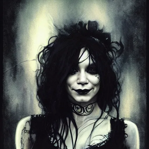 Image similar to beautiful portrait of vanessa hudgens as death from sandman, smiling, by cedric peyravernay, alphonse mucha, by jeremy mann, by lecouffe deharme, goth chic, soft lightning, eyeliner, punk rock, high detailed, 8 k