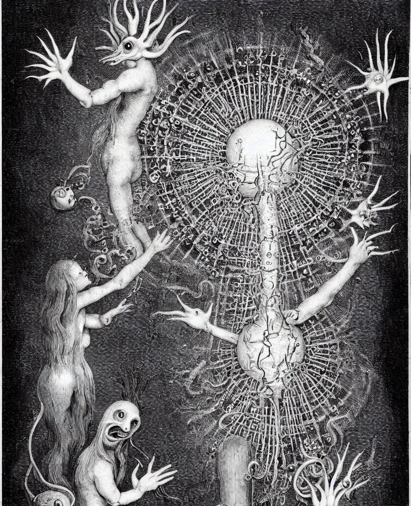 Image similar to whimsical freaky creature sings a unique canto about'as above so below'being ignited by the spirit of haeckel and robert fludd, breakthrough is iminent, glory be to the magic within