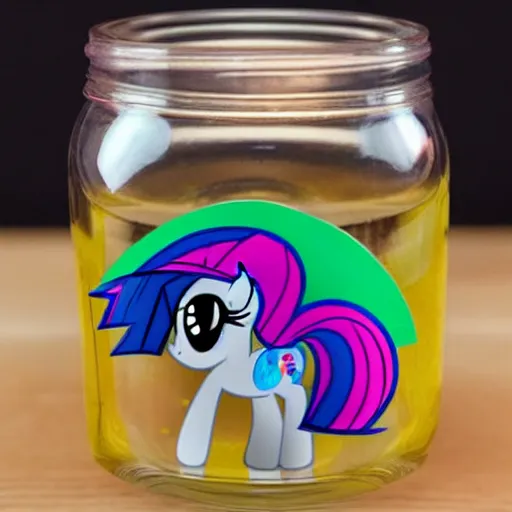 Image similar to a my little pony figure in a jar covered in a mysterious sticky yellowish fluid