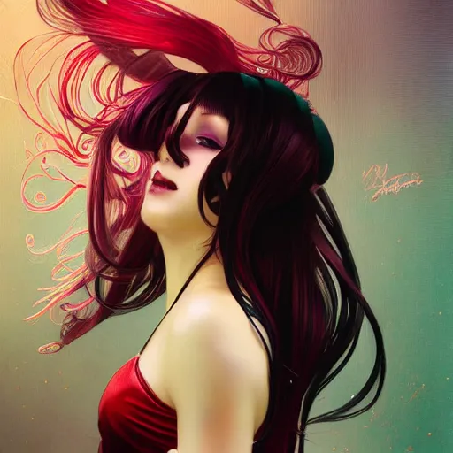 Image similar to a beautiful portrait of hatsune miku with long black and deep red colored hair dressed as a 1 9 7 0 s gogo dancer, intricate, elegant, highly detailed, digital painting, artstation, concept art, matte, sharp focus, illustration, art by greg rutkowski and alphonse mucha