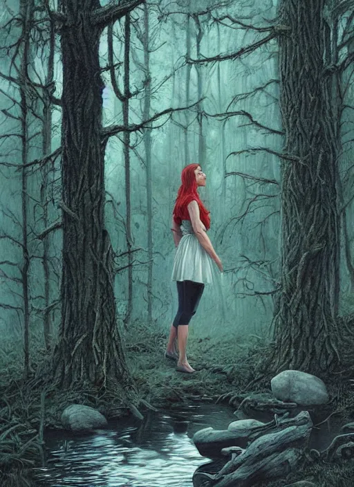 Prompt: portrait of jennifer connelly in searching in the woods standing before the mysterious small pond, twin peaks poster art, from scene from twin peaks, by michael whelan, artgerm, retro, nostalgic, old fashioned