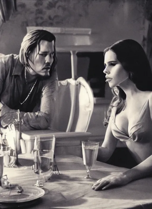 Prompt: movie still of a lana del rey with a very big bust sitting at a table with johnny depp, smooth white skin, directed by Quintin Tarantino