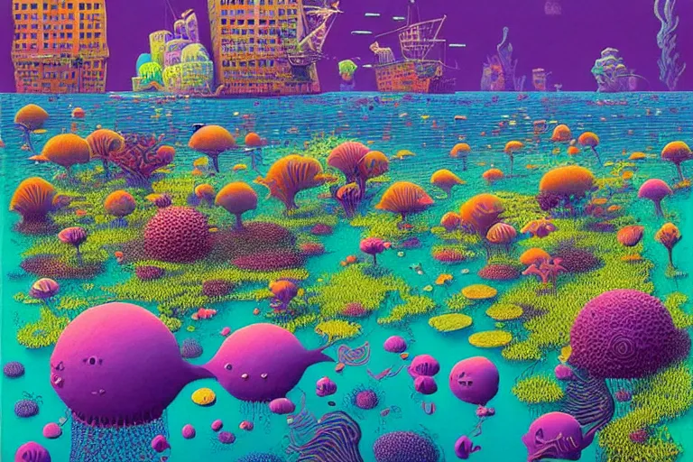 Prompt: surreal glimpse into other universe, new york under the sea, summer morning, very coherent and colorful high contrast, art by!!!! gediminas pranckevicius!!!!, geof darrow, floralpunk screen printing woodblock, dark shadows, hard lighting, stipple brush technique,