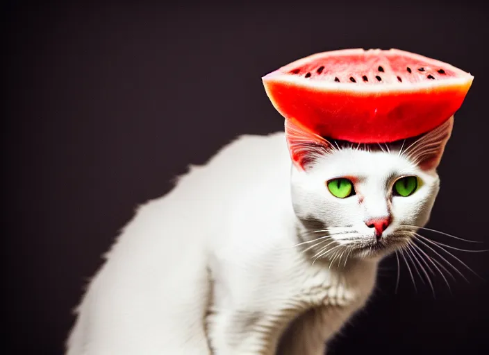 Image similar to photo of a cat wearing watermelon helmet. fantasy horror style. highly detailed 8 k. intricate. lifelike. soft light. nikon d 8 5 0 5 5 mm. dof. cinematic post - processing.