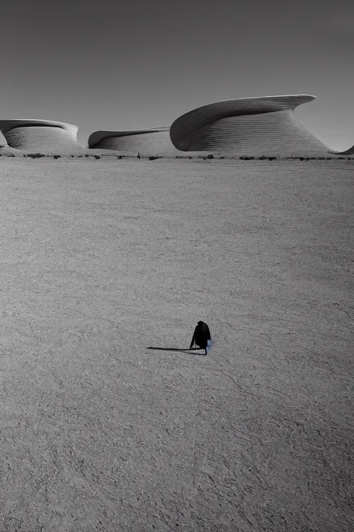 Image similar to scenes from the utah desert by john schoenherr, cinematic matte painting, zaha hadid building, 8 k, dark moody monochrome color palate