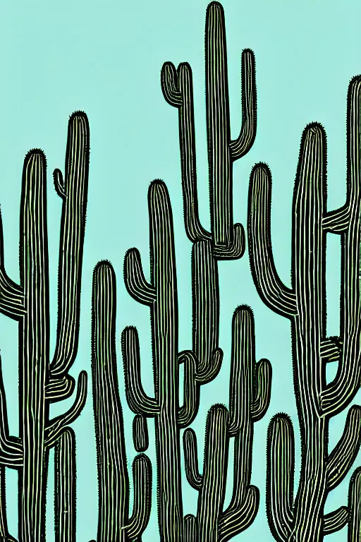 Prompt: a beautiful linocut print of a group of cacti, 8 k, frostbite 3 engine, cryengine, dof, trending on artstation, digital art, crepuscular ray, by grabado mexico