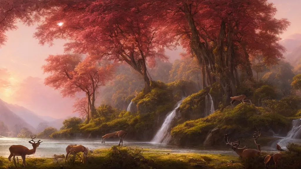 Image similar to the most beautiful panoramic landscape, oil painting, where a giant dreamy waterfall creates a river, the trees around are starting to bloom in pink color, a majestic deer is drinking water from the river and a ray light of the sunset is brightening him, by greg rutkowski