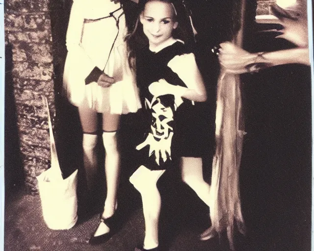 Prompt: natalie portman at age 7 dressed as a witch to go trick or treating, polaroid, cdx