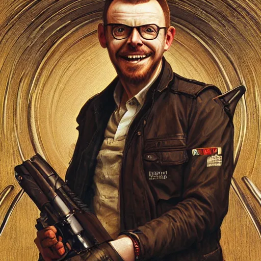 Image similar to portrait painting of simon pegg smiling like a winner with a winchester, ultra realistic, concept art, intricate details, eerie, highly detailed, photorealistic, octane render, 8 k, unreal engine. art by artgerm and greg rutkowski and alphonse mucha