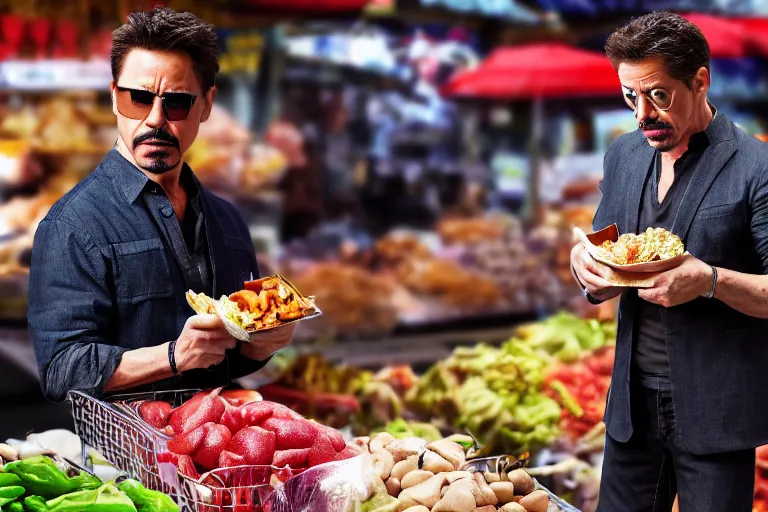 Prompt: tony stark stealing food from the market to eat outside, 8K, high detail, high resolution