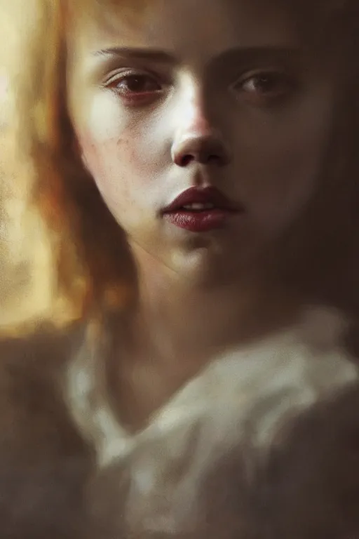 Prompt: a fancy portrait of a young Scarlett Johansson as a child by Greg Rutkowski, Sung Choi, Mitchell Mohrhauser, Maciej Kuciara, Johnson Ting, Maxim Verehin, Peter Konig, Bloodborne, macro lens, 35mm, 8k photorealistic, cinematic lighting, HD, high details, atmospheric,