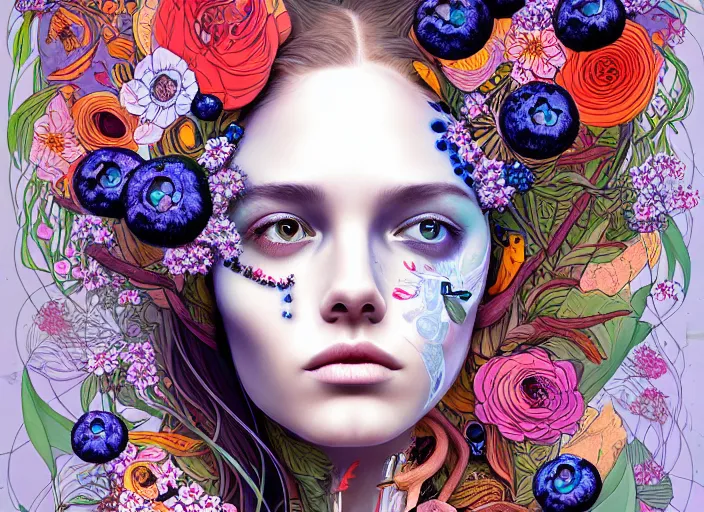 Image similar to a painting of a beautiful cyborg girl with a lot of flowers and blueberries and exotic plants on its head, poster art by android jones, behance contest winner, generative line art, made of flowers, grotesque, concert poster