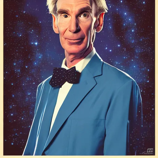 Prompt: a portrait of bill nye the science guy contemplating the universe, space, dramatic lighting and composition, blue, trending on artstation, concept art, comic book, chuck close, vittorio matteo corcos, john currin.