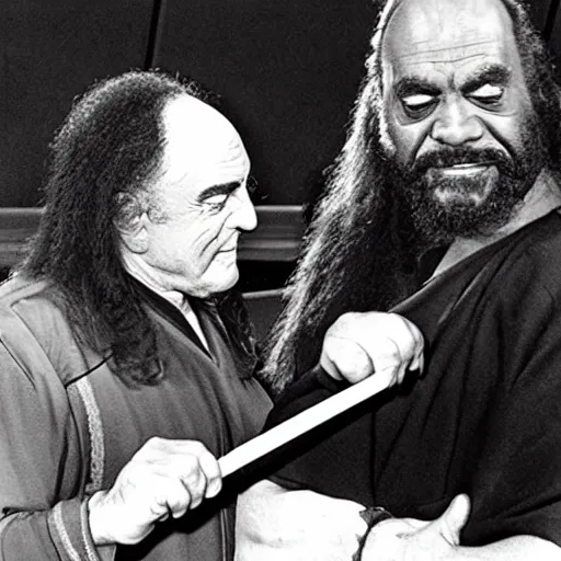 Prompt: Gowron spanks Worf with a glory stick