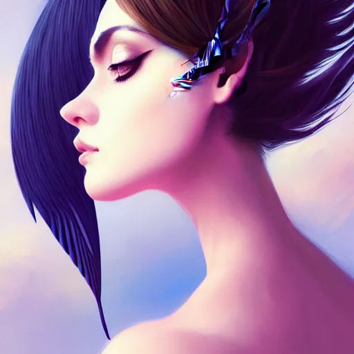 Image similar to 3 / 4 view of a portrait of a woman with feather wings, confident pose, pixie, genshin impact, magical, intricate, elegant, sharp focus, illustration, highly detailed, concept matte, trending on artstation, anime, strong brush stroke, sharp focus, illustration, art station, art by ilya kuvshinov and artgerm h 6 4 0