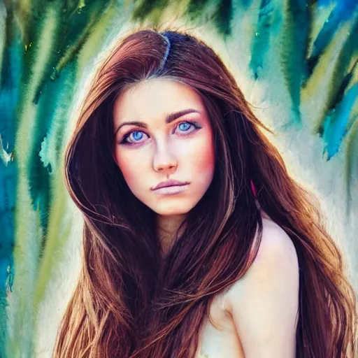 Image similar to outdoor portrait of a very beautiful young woman with gorgeous eyes, high cheek bones, flowing hair, incredible watercolor painting