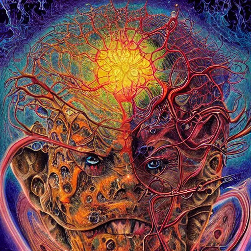 Prompt: hypercomplex image of fractal nightmare holy god mercury maggots fill the brain phantoms of misery plastic head jigsaw puzzle god of chaos rains down, dramatic, action horror by alex grey, lisa frank, ayami, kojima, amano, karol bak, greg hildebrandt, mark brooks, beksinski, takato yamamoto, masterpiece, 8 k, hires