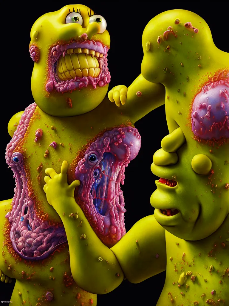 Image similar to hyperrealistic rendering, fat smooth cronenberg flesh monster spongebob by donato giancola and greg rutkowski and wayne barlow and zdzisław beksinski, product photography, action figure, sofubi, studio lighting, colored gels, colored background