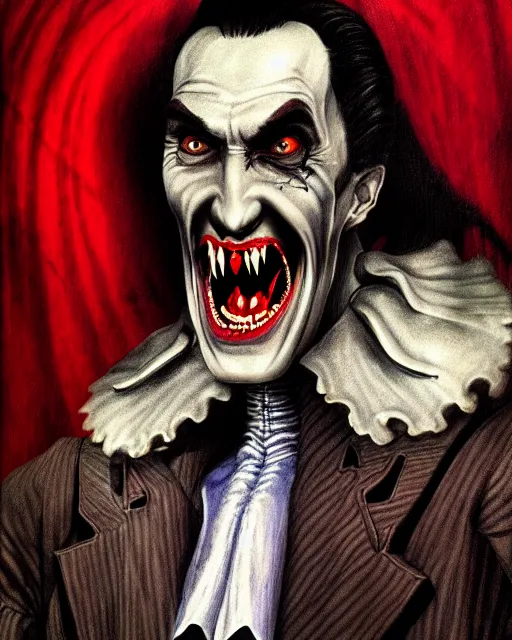 Prompt: dracula telling jokes, character portrait, close up, concept art, intricate details, highly detailed, photorealism, hyperrealism in the style of otto dix and h. r giger
