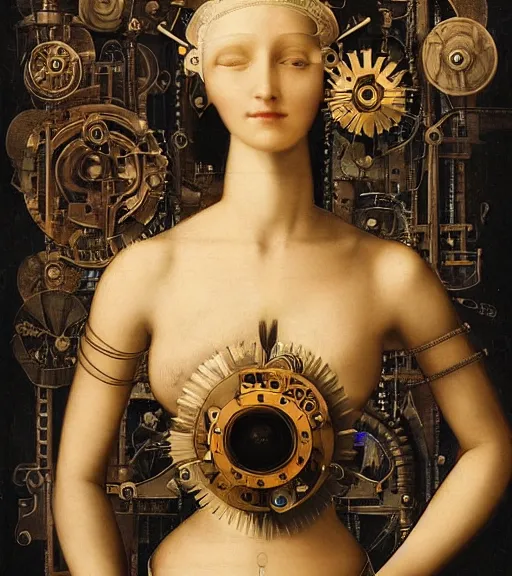 Image similar to portrait of a beautiful young cyborg woman with a big steampunk flower crown and part mechanical face , Metropolis, by Leonardo Da Vinci in the style of Man Ray