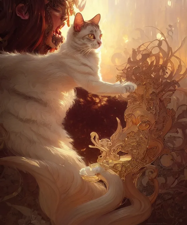 Image similar to A very angry cat, fantasy, intricate, elegant, highly detailed, digital painting, artstation, concept art, smooth, sharp focus, illustration, art by artgerm and greg rutkowski and alphonse mucha