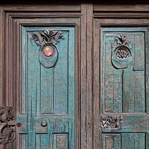 Prompt: of full old weathered wooden door with a high relief carving of factal marble and opal geode and obisidian