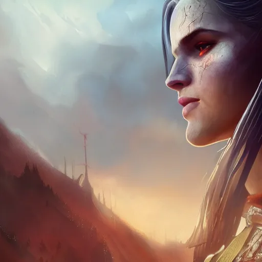 Image similar to witcher princess, posing heroically, heavenly, full body close-up shot, elegant, realistic character concept, high fantasy, light atmosphere, golden ratio, cinematic lighting, hyperdetailed, high resolution, insanely detailed and intricate, artstation, Marc Simonetti, Greg Rutkowski, octane render, 8k