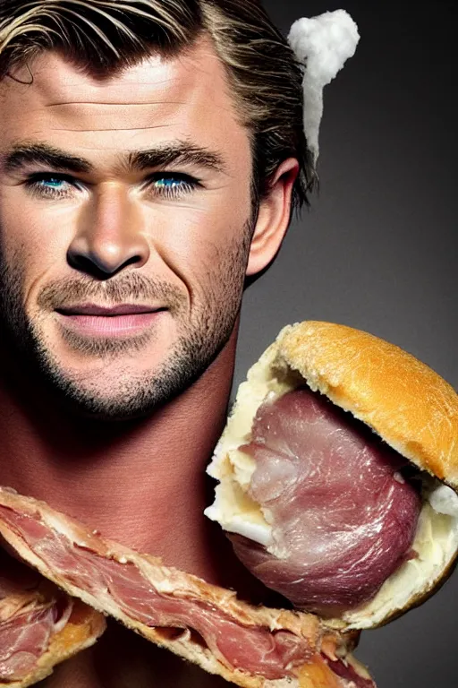 Image similar to 📷 chris hemsworth the ham, made of food, head portrait, dynamic lighting, 4 k