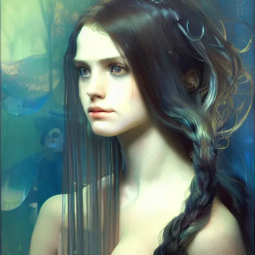 Prompt: hyperrealist portrait of a pretty young female android with large eyes and long hair standing in front of a computer simulation by jeremy mann and alphonse mucha, fantasy art, photo realistic, dynamic lighting, artstation, poster, volumetric lighting, very detailed faces, award winning