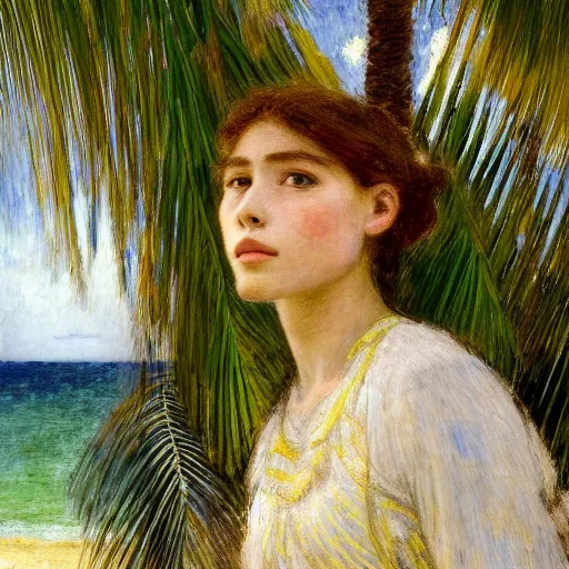 Prompt: a ultradetailed beautiful painting of a girl in the amazonas palace designed by jules bastien - lepage, hans belmer, frank weston and gustave baumann, beach, trending on artstation, mediterranean, palm trees, light sparkles, sharp focus, soft light, 8 k 4 k