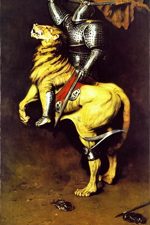 Image similar to hulking medieval knight in armor with a lion - headed cowl, bristling with weapons, menacing, bloody trails, portrait, painting by francis bacon, by ilya repin, by goya