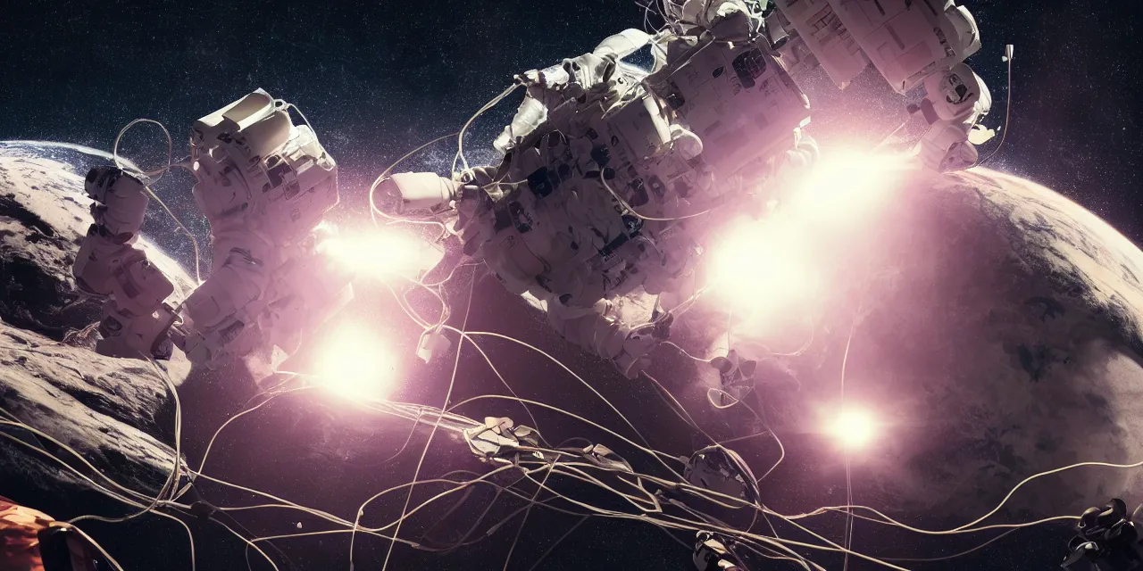 Image similar to astronaut entangled by a lot of cables connected to a supercomputer designed by Dieter Rams, cinematic lighting, haze, octane render, lens flare, 2001 a space odissey