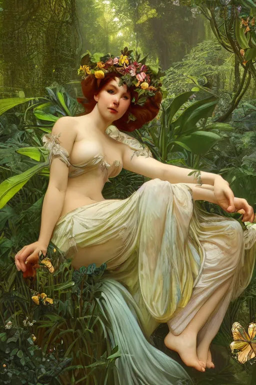 Prompt: Curvaceous fairy goddess sitting on a vivid flower in a lush green forest, Mark Arian, Alphonse Mucha, highly detailed, intricate, dynamic lighting, ambient lighting, octane render, 8k