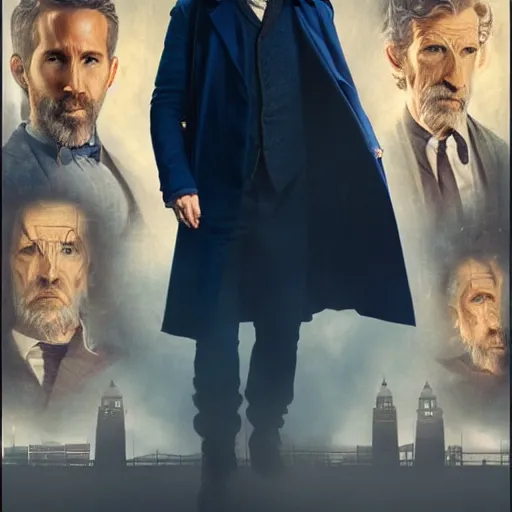 Image similar to ryan reynolds as a rough dirty old man with a scruffy beard in a dark blue trenchcoat as the new doctor who, cinematic, volumetric lighting, f 8 aperture, cinematic eastman 5 3 8 4 film, photorealistic by greg rutkowski, by stanley artgerm, by alphonse mucha