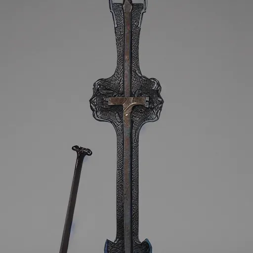 Image similar to bluestone flamberge, a huge two-handed sword with a wavy blade and large cross guard, nearly six feet long. It has a faint blue sheen, and radiates a sense of unease. The style and decoration of the sword would place it at approximately 300 years old, but the alloy is highly unusual.