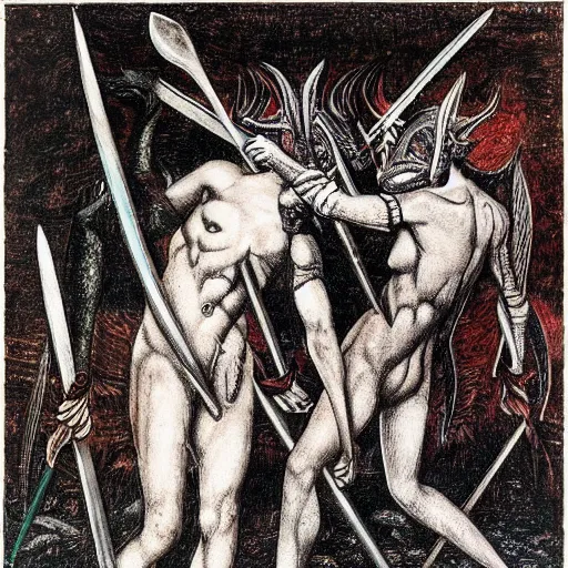 Image similar to A body art of two people, one a demon and the other a human, fighting each other with swords. winter, buff by Ernst Fuchs a e s t h e t i c