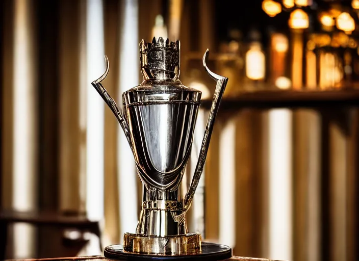 Prompt: a reflective steel engineering trophy at a high end bar in a medieval themed castle in golden afternoon light, professional food photography