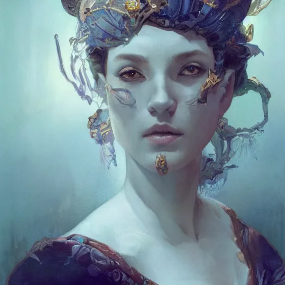 Prompt: portrait of the ghost queen, painted portrait, 4k, trending on artstation, octane render, art by artgerm and greg rutkowski and alphonse mucha and craig mullins and James Jean and Andrei Riabovitchev and Marc Simonetti and peter mohrbacher