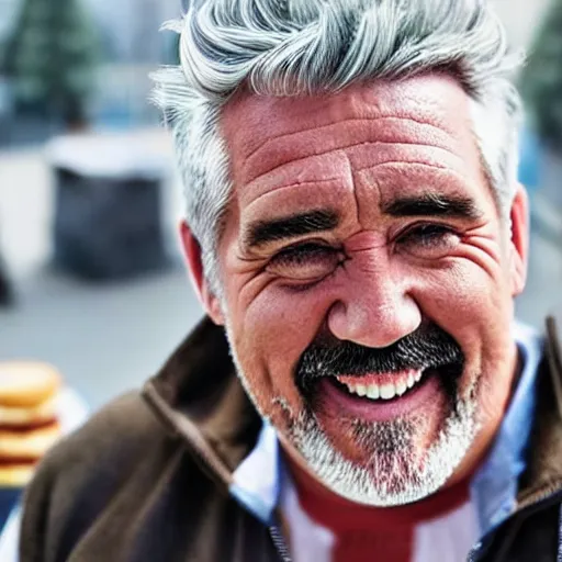 Image similar to a close up photo of Paul Hollywood stealing a pack of 6 cakes, french bakery, wearing a stereotypical striped robber outfit, smiling expression, running towards the camera, photorealistic, clear lighting, anatomically correct, detailed, 4k