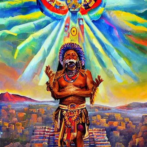 Image similar to DMT Aztec Priest performing a ritual at the top of a Aztec temple. Artwork by Afremov, Leonid