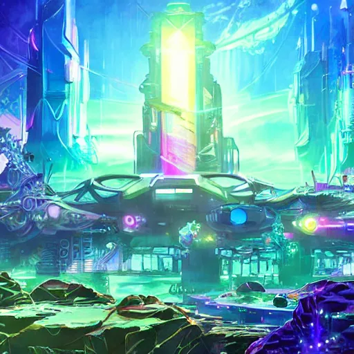 Image similar to an underwater city comprised of light built in the side of a giant robot trying to save the planet, set in the distant future, plants, light prisms, rainbow diffraction, steampunk, cyberpunk, warm lights, anime, vhs distortion, art style mimics starlight brigade by game grumps