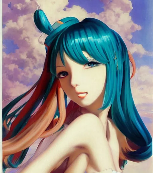 Image similar to Anime art very beautiful Hatsune miku by Gil Elvgren, Vladimir Volegov, Earl Moran, Enoch Bolles, symmetrical shoulders