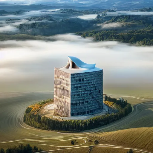 Image similar to an aerial photograph of a building shaped like a music note. the building is on top of a misty hill, smooth, photorealistic, global illumination, radiant light, intricate and detailed environment