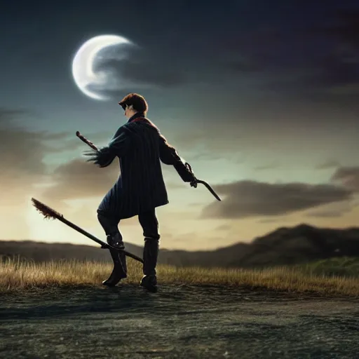 Image similar to Harry potter riding a broomstick, back view, cinematic shot, movie still, nighttime, motion lines, photorealistic, intense scene, visually coherent, symmetry, rule of thirds, movement, vivid colors, crescent moon, Tooth Wu, Asher Duran, Greg Rutkowski, Minor Blur, 8k