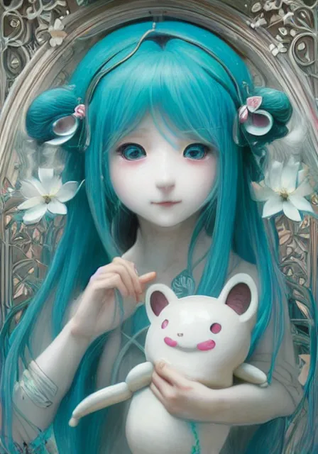 Image similar to hatsune miku and cinnamoroll, intricate, elegant, highly detailed, digital painting, artstation, concept art, smooth, sharp focus, illustration, art by artgerm and greg rutkowski and alphonse mucha and william - adolphe bouguereau