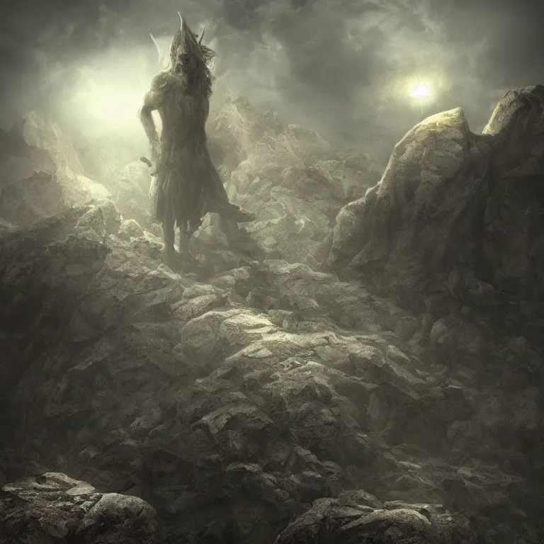 Image similar to a gigantic demon on a cobblestone hard mountain, night, scary, eerie, lighting, rim light, digital art.