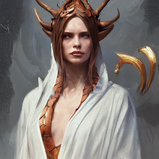 Image similar to A detailed oil portrait of an elf woman with small copper devil horns and copper scales covering her arm and neck wearing a simple white robe, by greg rutkowski, trending on artstation, dungeon and dragons art